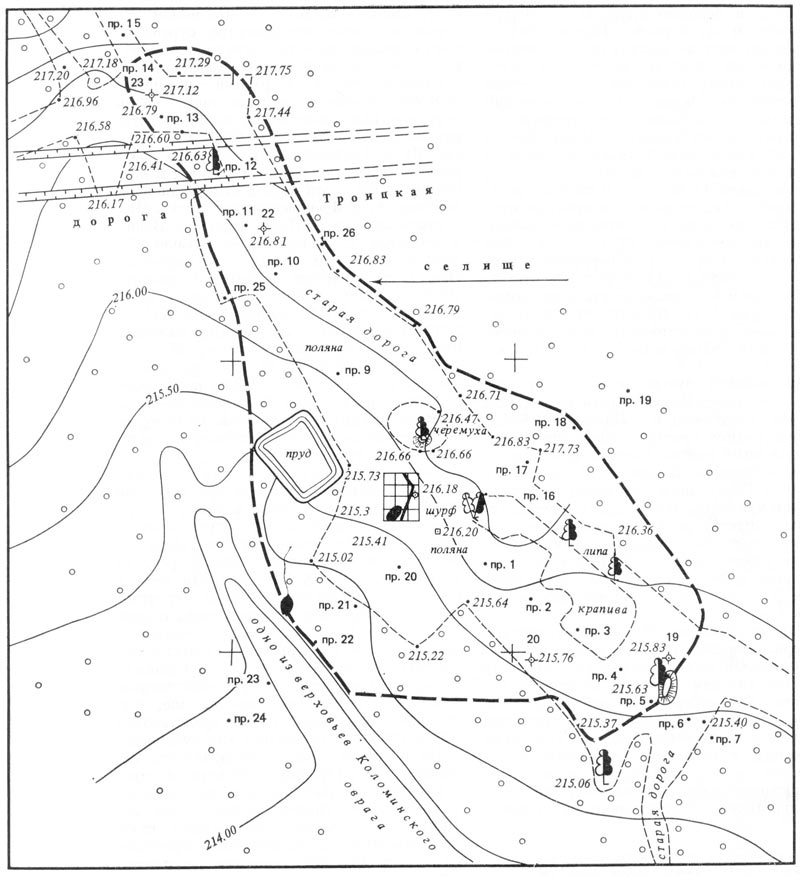 Рис. 4 План селения Белухинского (селище Лешково-4). Раскопки 6х8м. 1984г.