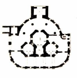 Схема плана собора, вычерченная по обмерам П.П. Покрышкина с показанием мест шурфов 1977 и 1979 гг. в сопоставлении с планом XVIII века.