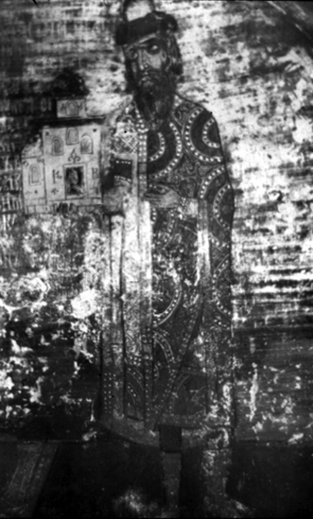 Ярослав Всеволодович с храмом. Фреска церкви Спаса на Нередице. Около 1246 года.