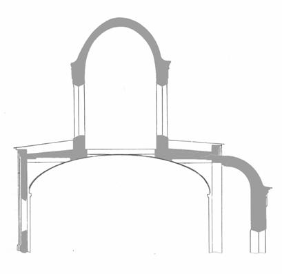 Условная схема замены трех пар продольных арок одной парой на всю длину храма 
(при сохранении прежних пропорций).
