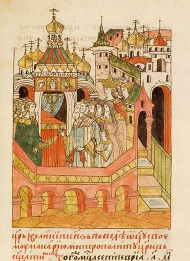 Освящение Покровского собора на Рву. Миниатюра Лицевого летописного свода. 1560–1570-е годы.