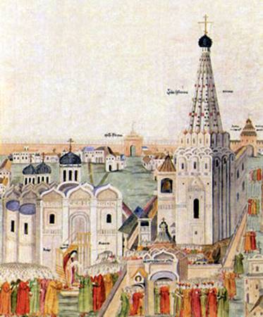 Московский Кремль на миниатюре из «Книги об избрании на царство Михаила Федоровича Романова». 1670-е годы.