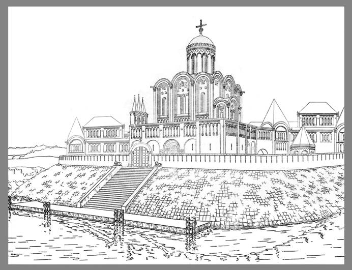 Первоначальный вид церкви Покрова и Покровского монастыря на Нерли. Реконструкция автора.